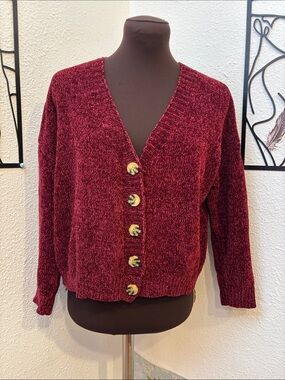 Hazel Moon Plush Chenille Burgundy Knit Cropped Cardigan Size XS